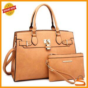 Vegan Leather Satchel Tote with Matching Clutch, Adjustable Strap